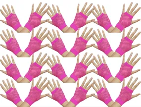 12 Pair Fishnet Gloves Fingerless Wrist Length 70s 80s Costume Party - Hot Pink