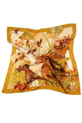 1970s Salvatore Ferragamo Silk Game Bird Hunt Themed Fall Scarf