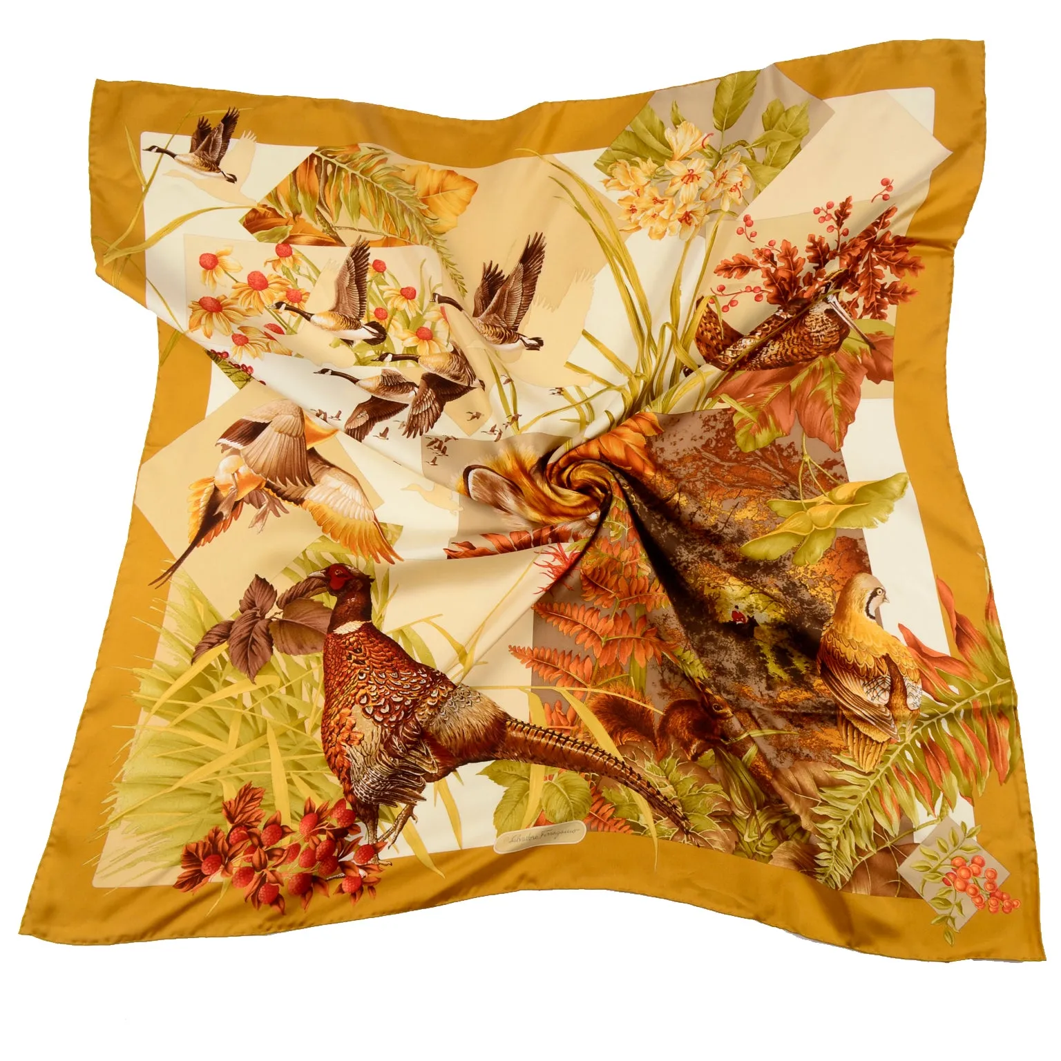 1970s Salvatore Ferragamo Silk Game Bird Hunt Themed Fall Scarf