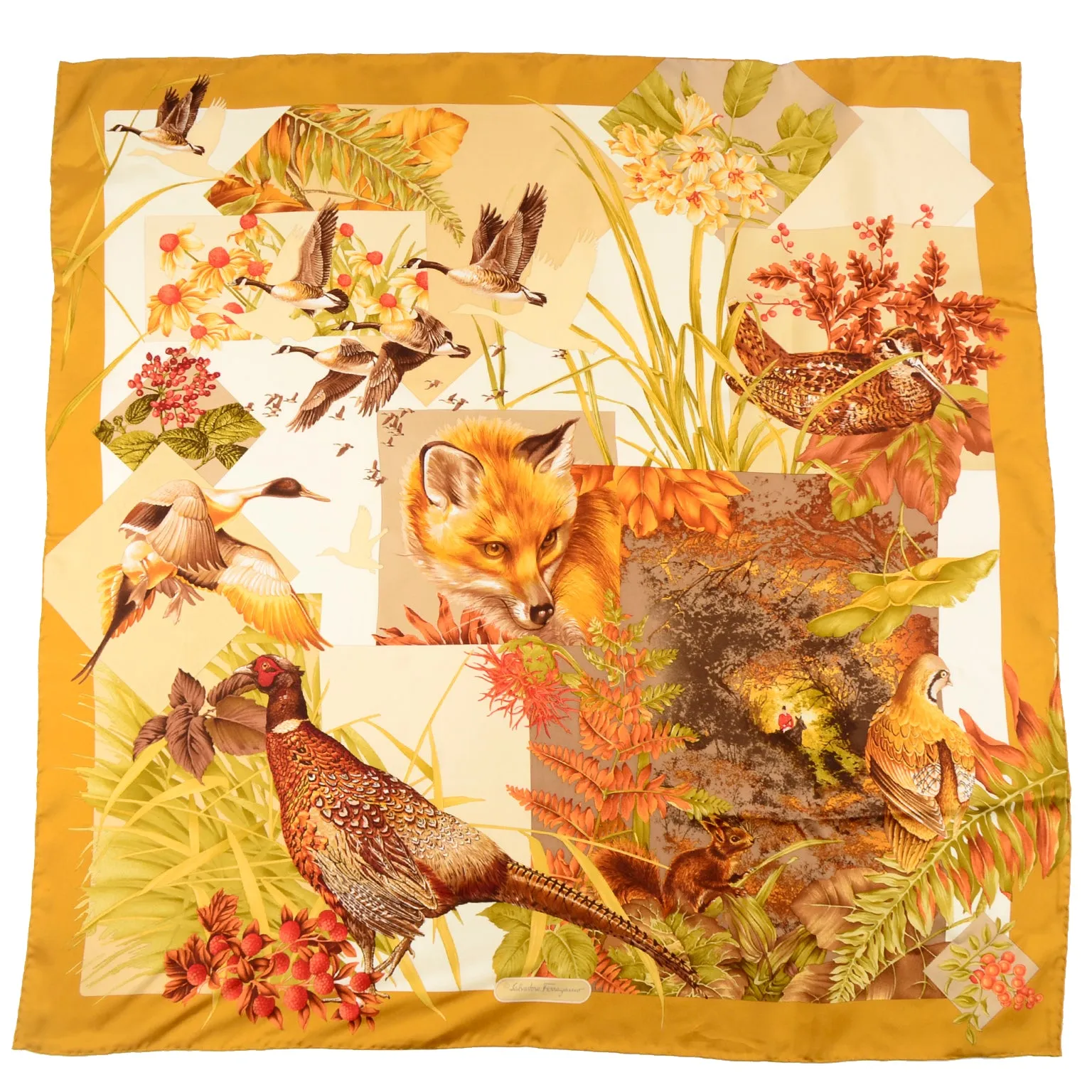 1970s Salvatore Ferragamo Silk Game Bird Hunt Themed Fall Scarf