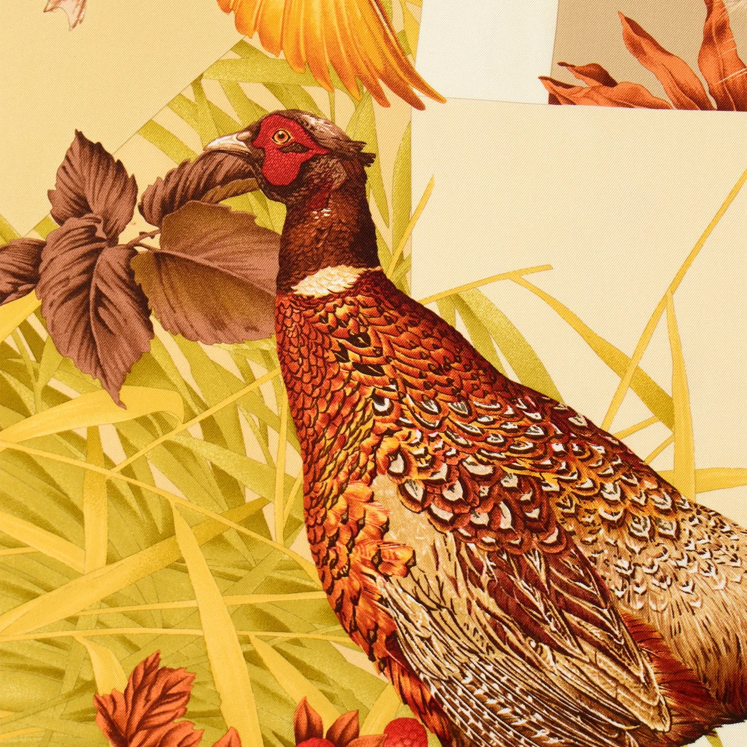 1970s Salvatore Ferragamo Silk Game Bird Hunt Themed Fall Scarf