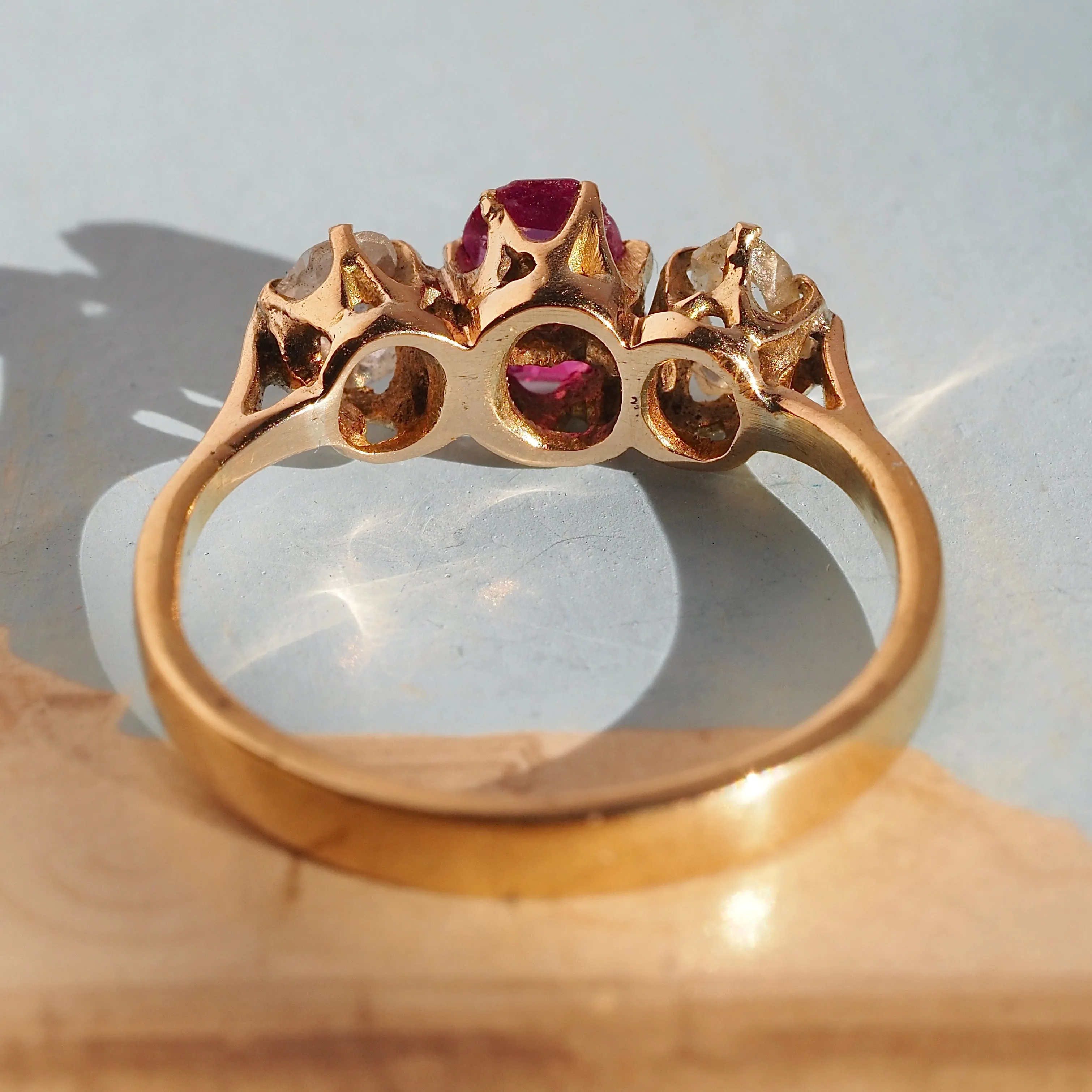 Antique Natural Ruby Rose Cut Diamond Trilogy 18k Gold Ring