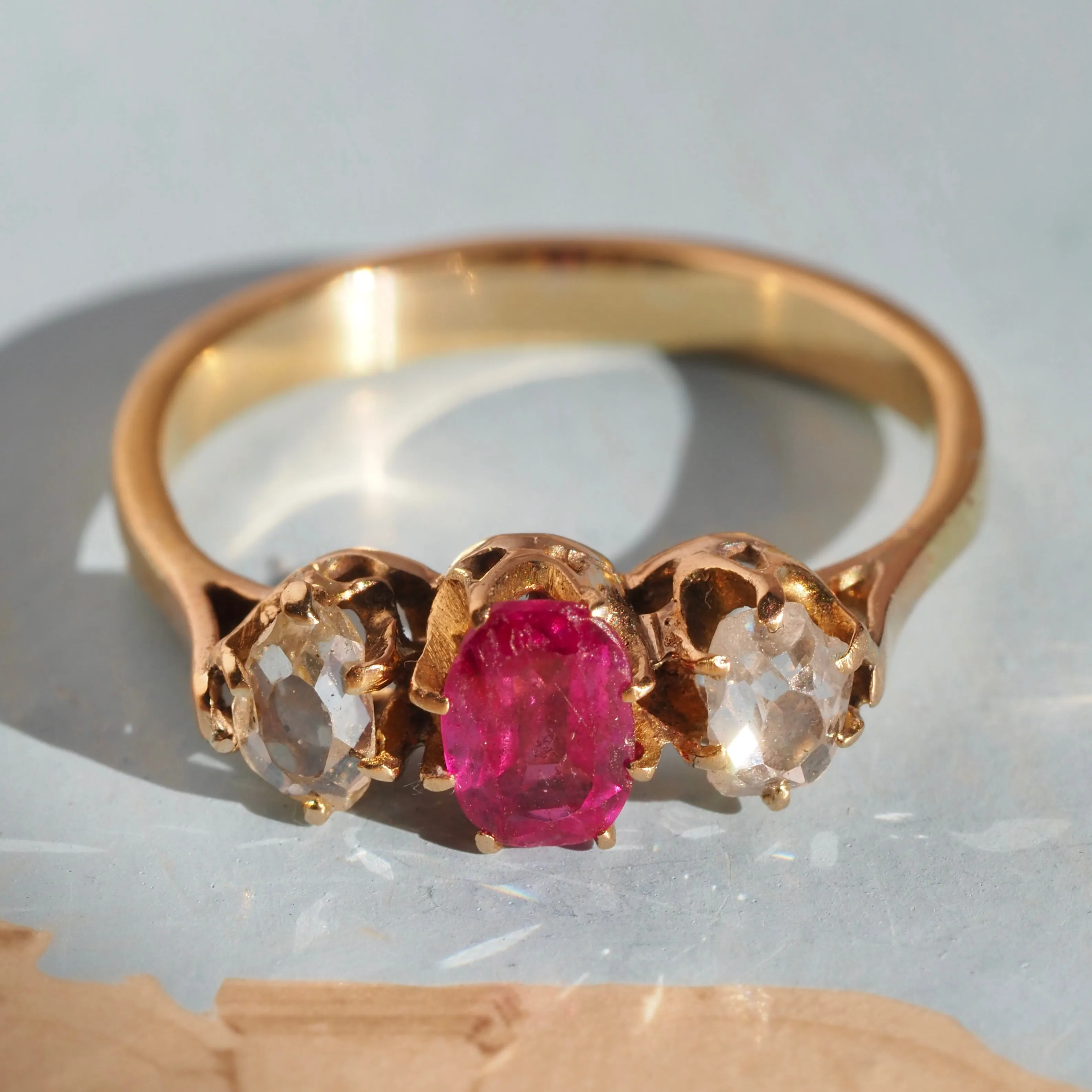 Antique Natural Ruby Rose Cut Diamond Trilogy 18k Gold Ring