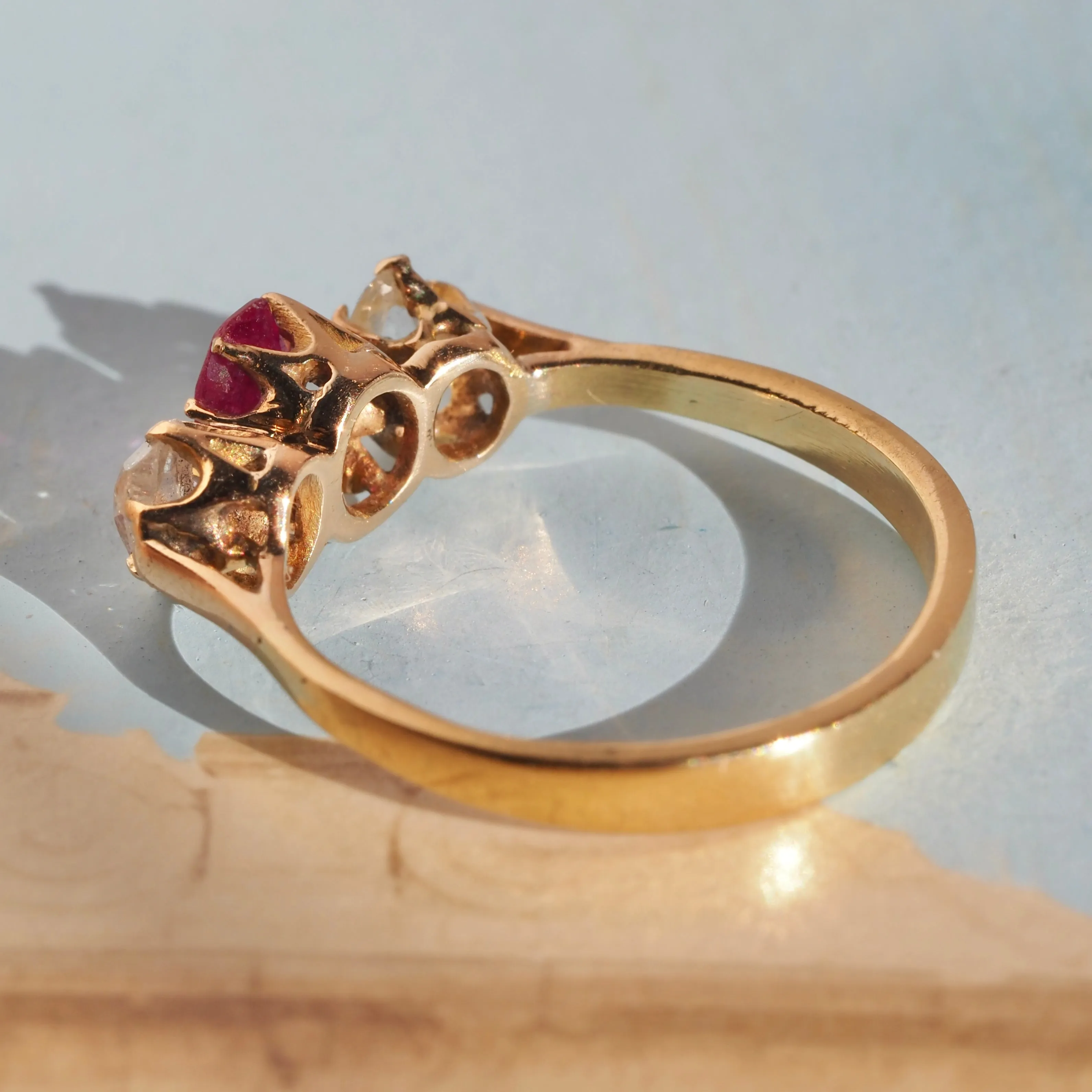 Antique Natural Ruby Rose Cut Diamond Trilogy 18k Gold Ring