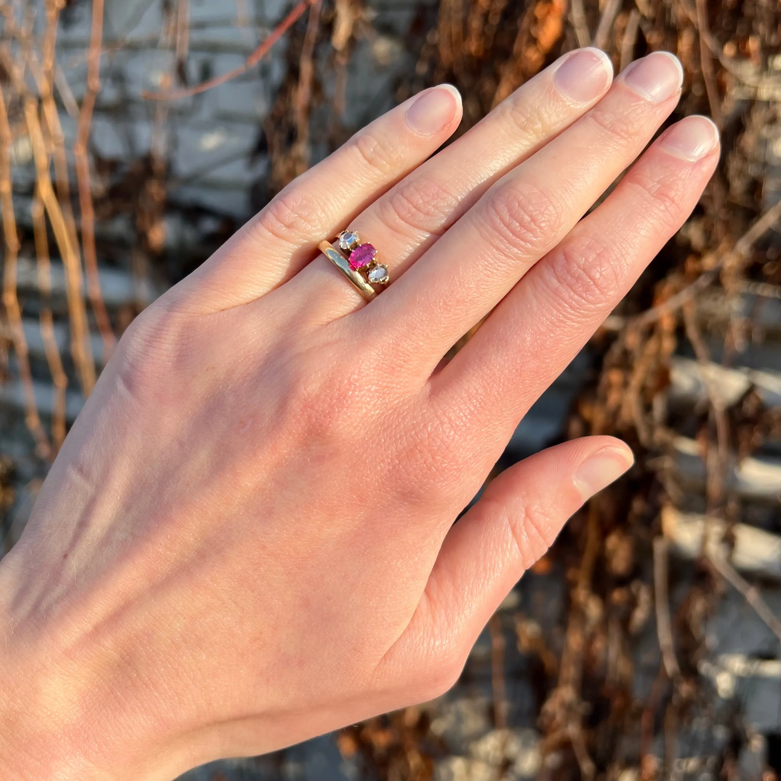 Antique Natural Ruby Rose Cut Diamond Trilogy 18k Gold Ring