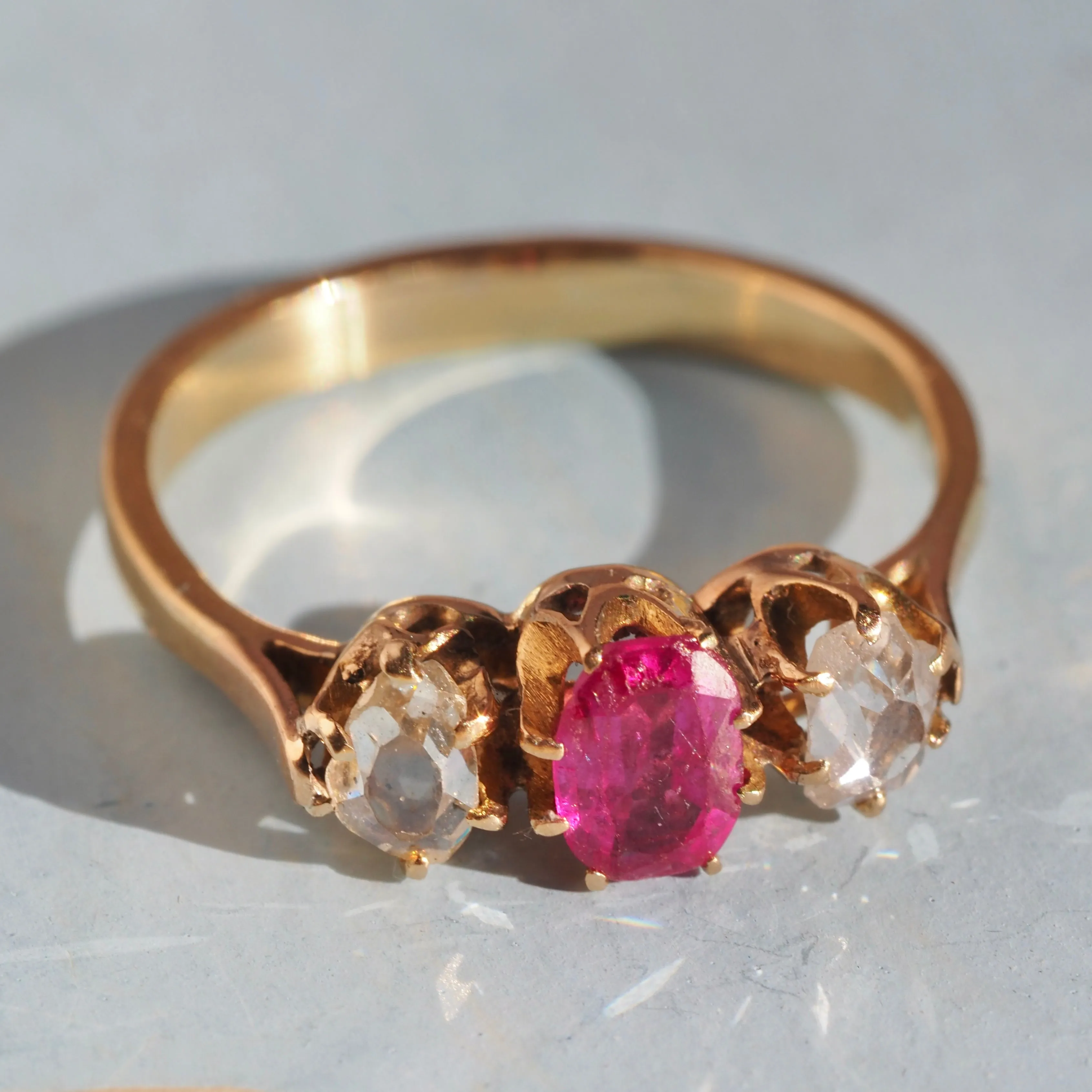 Antique Natural Ruby Rose Cut Diamond Trilogy 18k Gold Ring