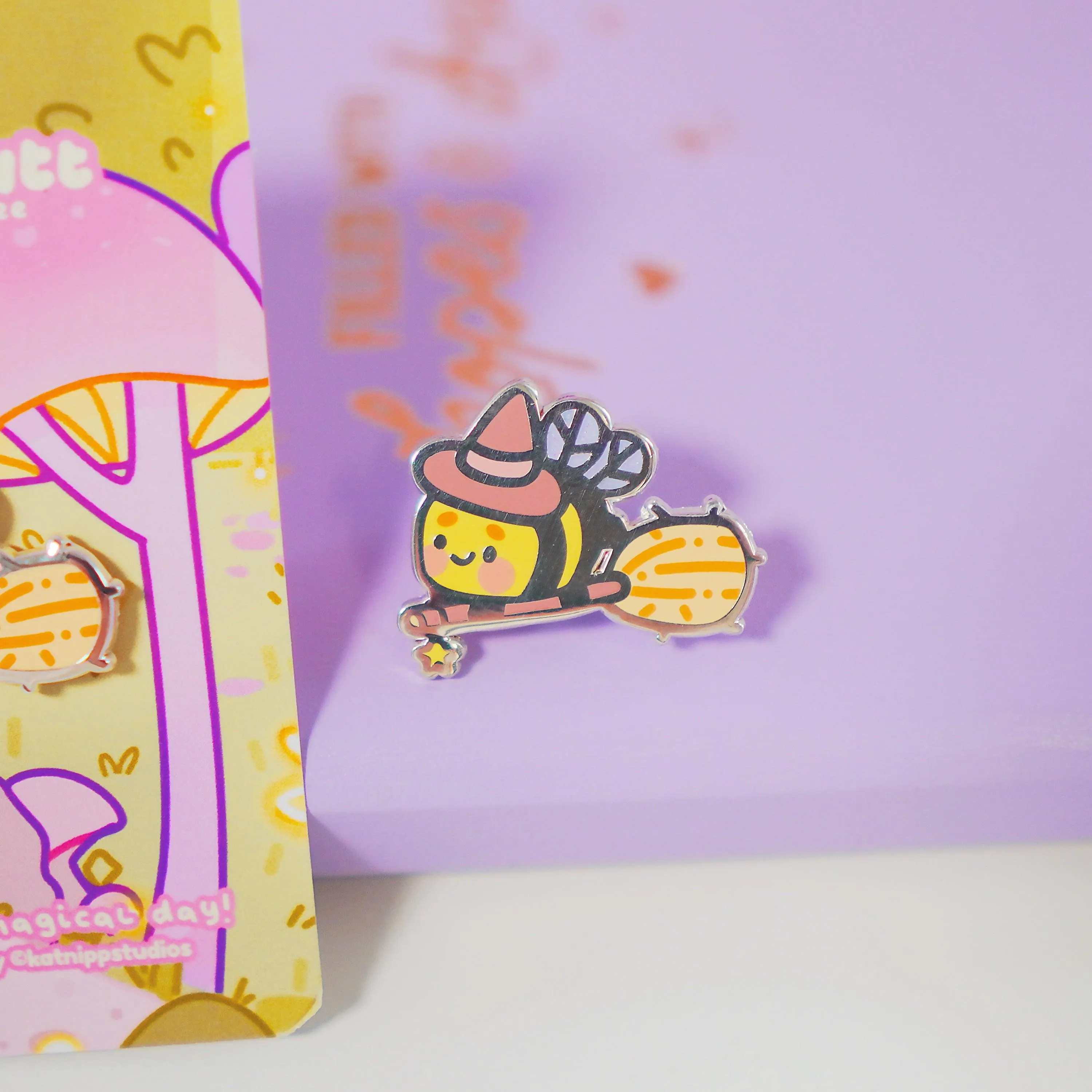 Bumblebutt Halloween Witch Enamel Pin | Kawaii Bumblebee on Broomstick | Cute Witchy Accessory
