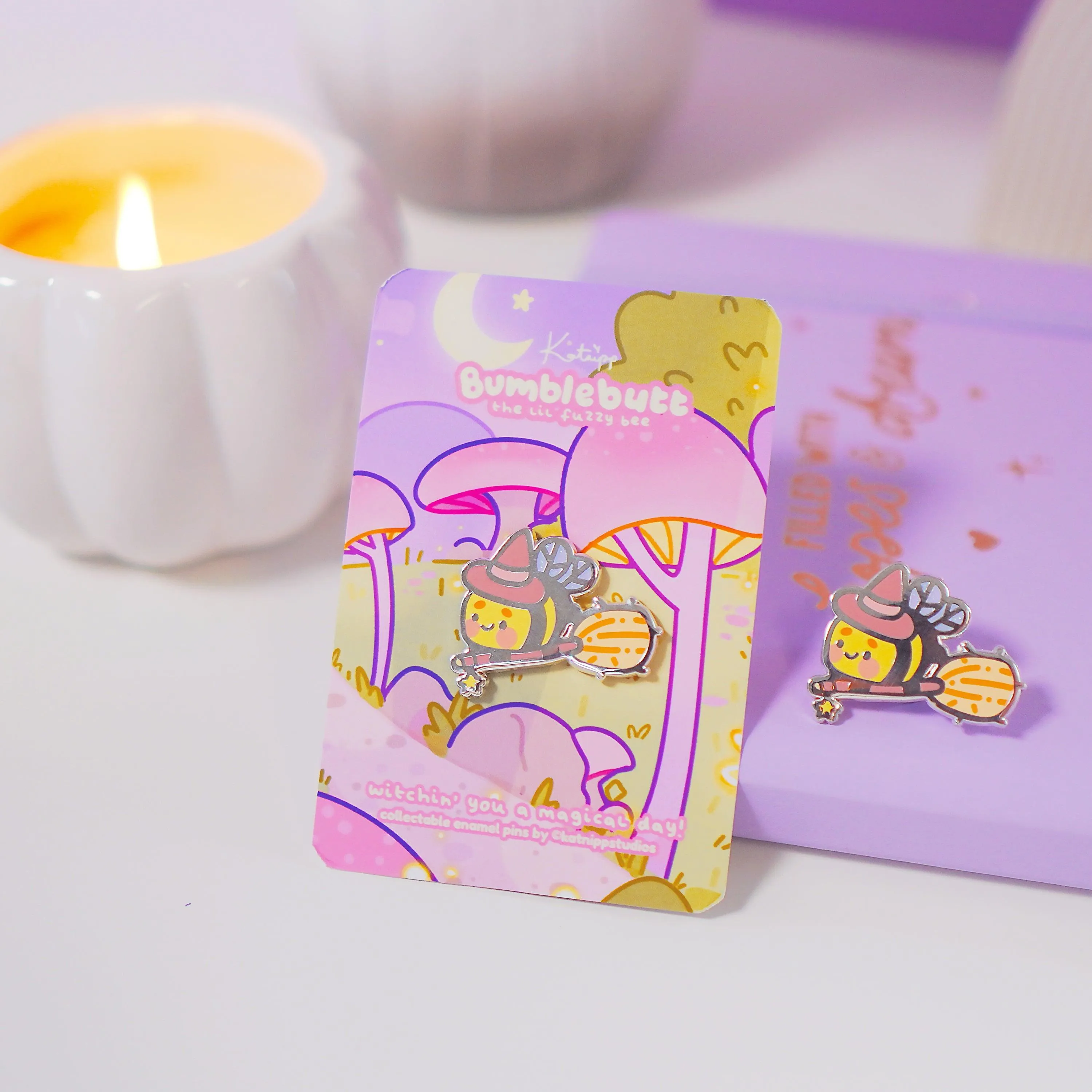 Bumblebutt Halloween Witch Enamel Pin | Kawaii Bumblebee on Broomstick | Cute Witchy Accessory