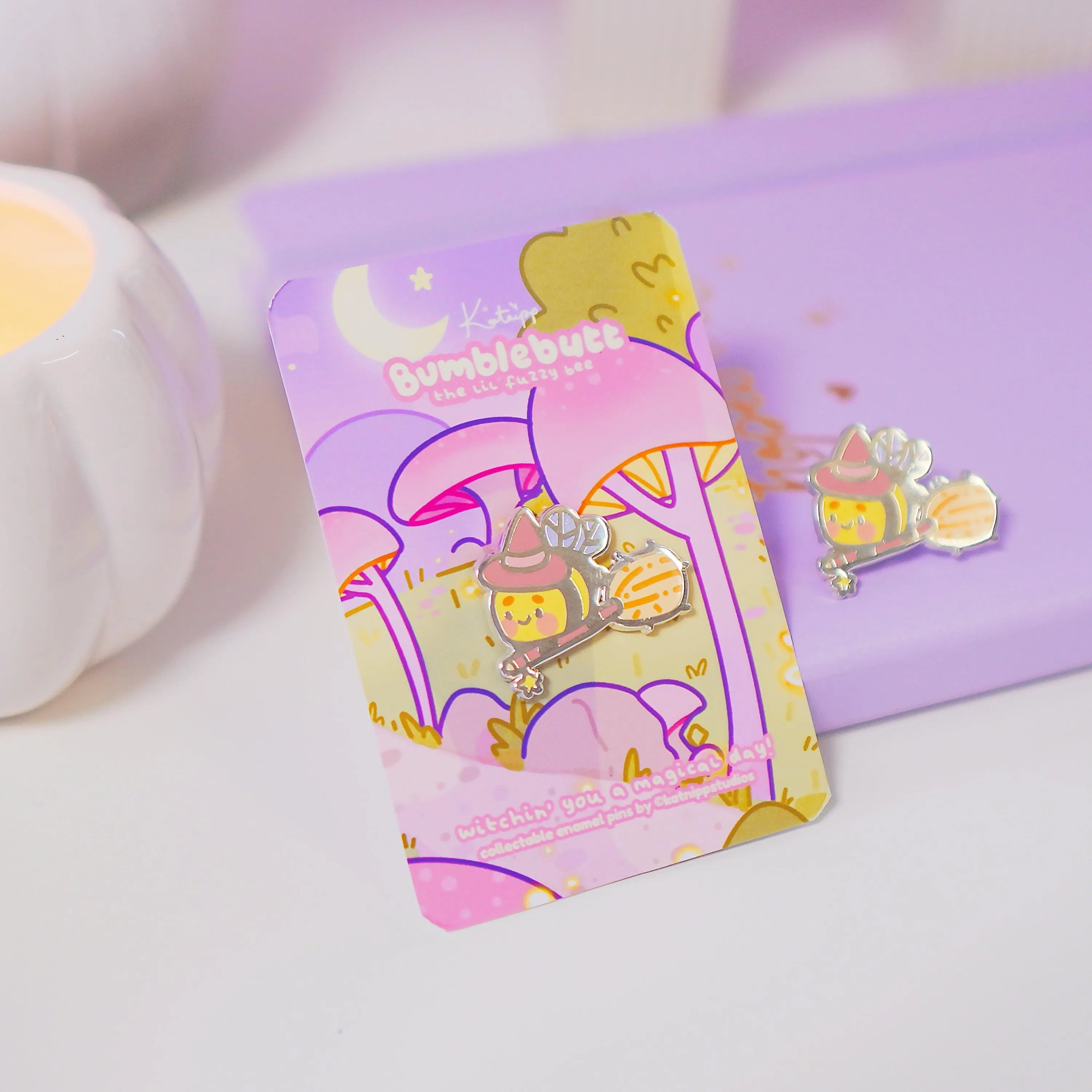 Bumblebutt Halloween Witch Enamel Pin | Kawaii Bumblebee on Broomstick | Cute Witchy Accessory