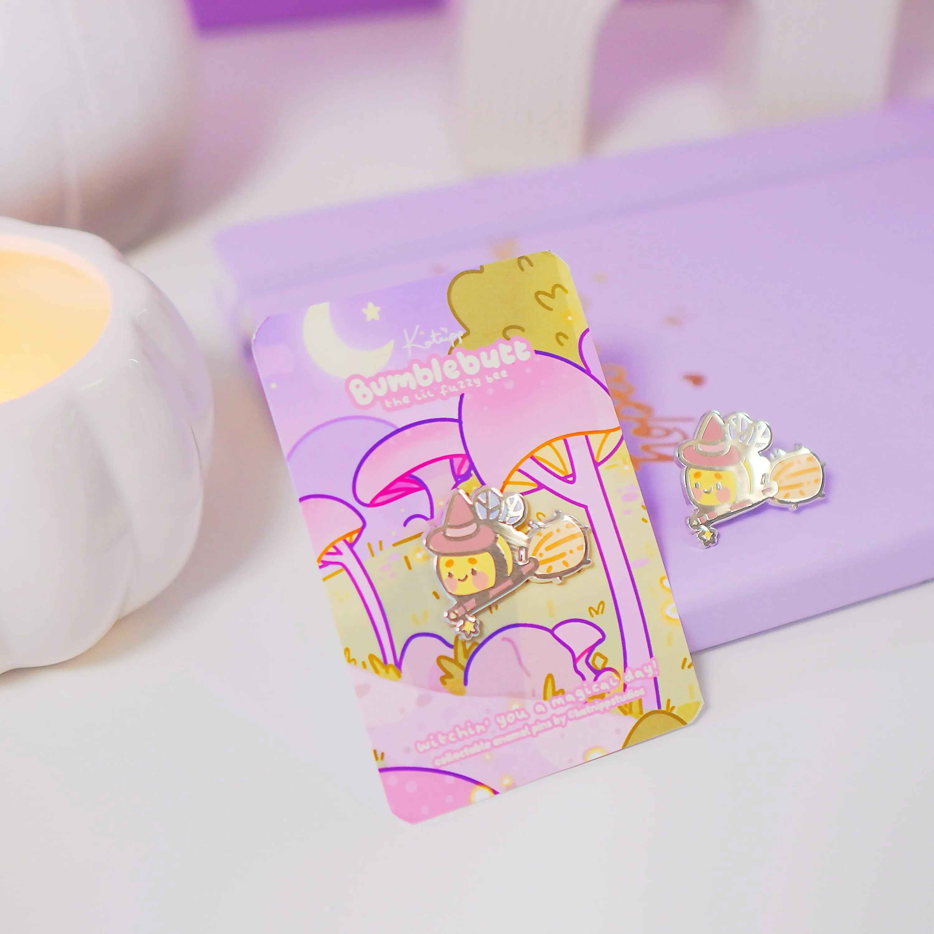 Bumblebutt Halloween Witch Enamel Pin | Kawaii Bumblebee on Broomstick | Cute Witchy Accessory