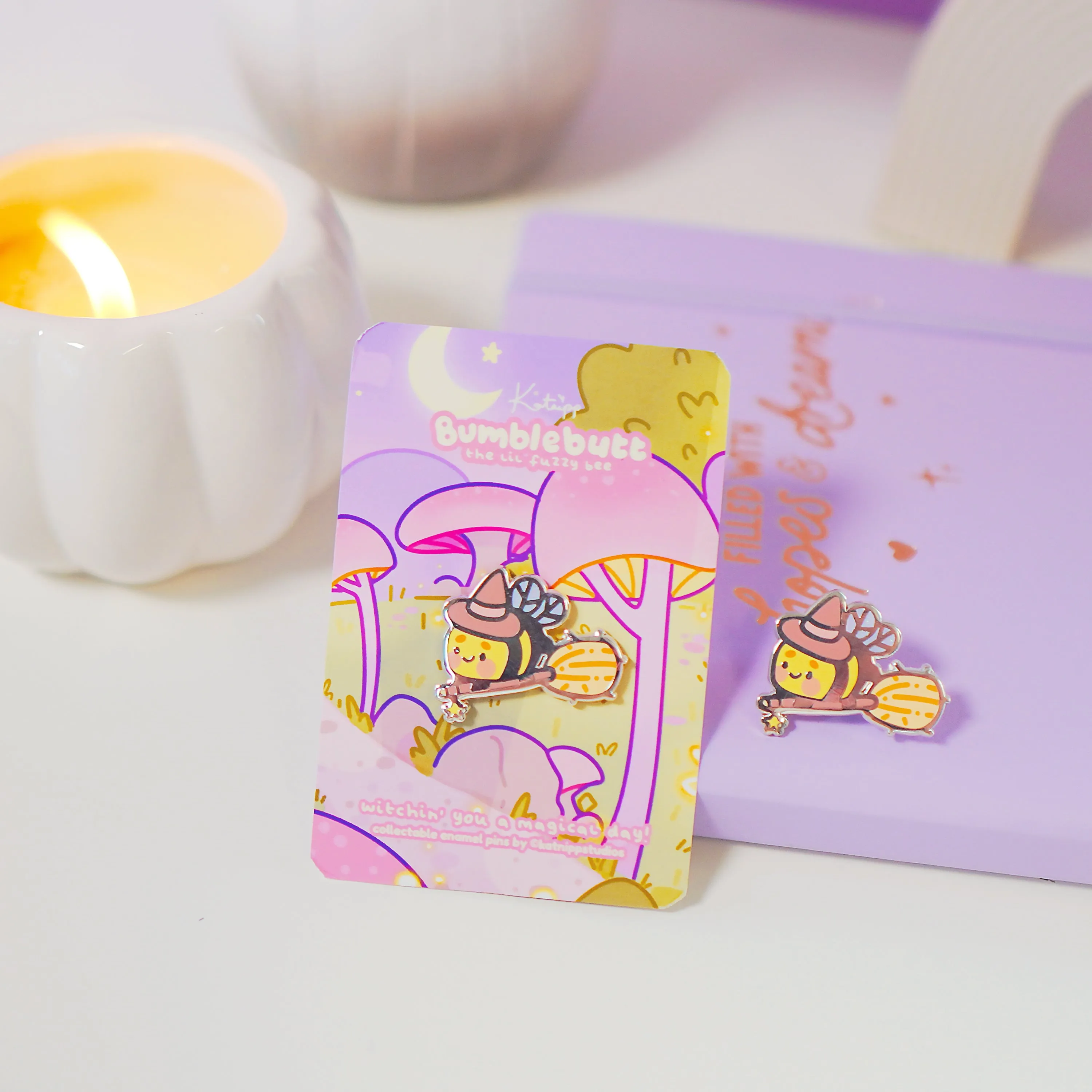 Bumblebutt Halloween Witch Enamel Pin | Kawaii Bumblebee on Broomstick | Cute Witchy Accessory