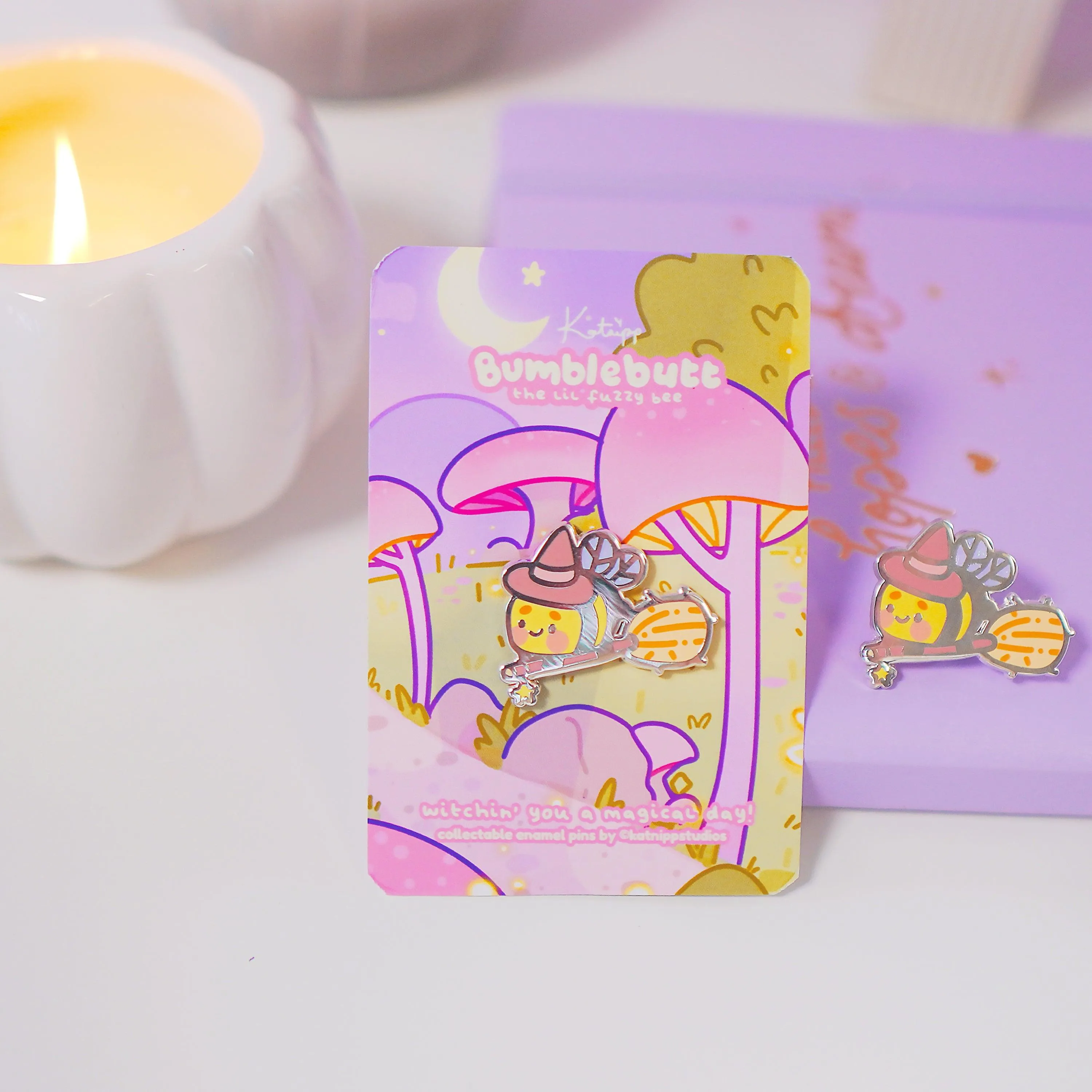 Bumblebutt Halloween Witch Enamel Pin | Kawaii Bumblebee on Broomstick | Cute Witchy Accessory