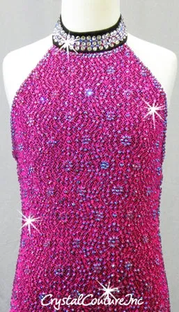 Custom Black/Fuchsia Textured Leotard with Open Back - Swarovski Rhinestones
