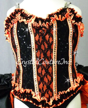 Custom Orange and Black Corset Style Leotard with Bustle Skirt - Swarovski Rhinestones