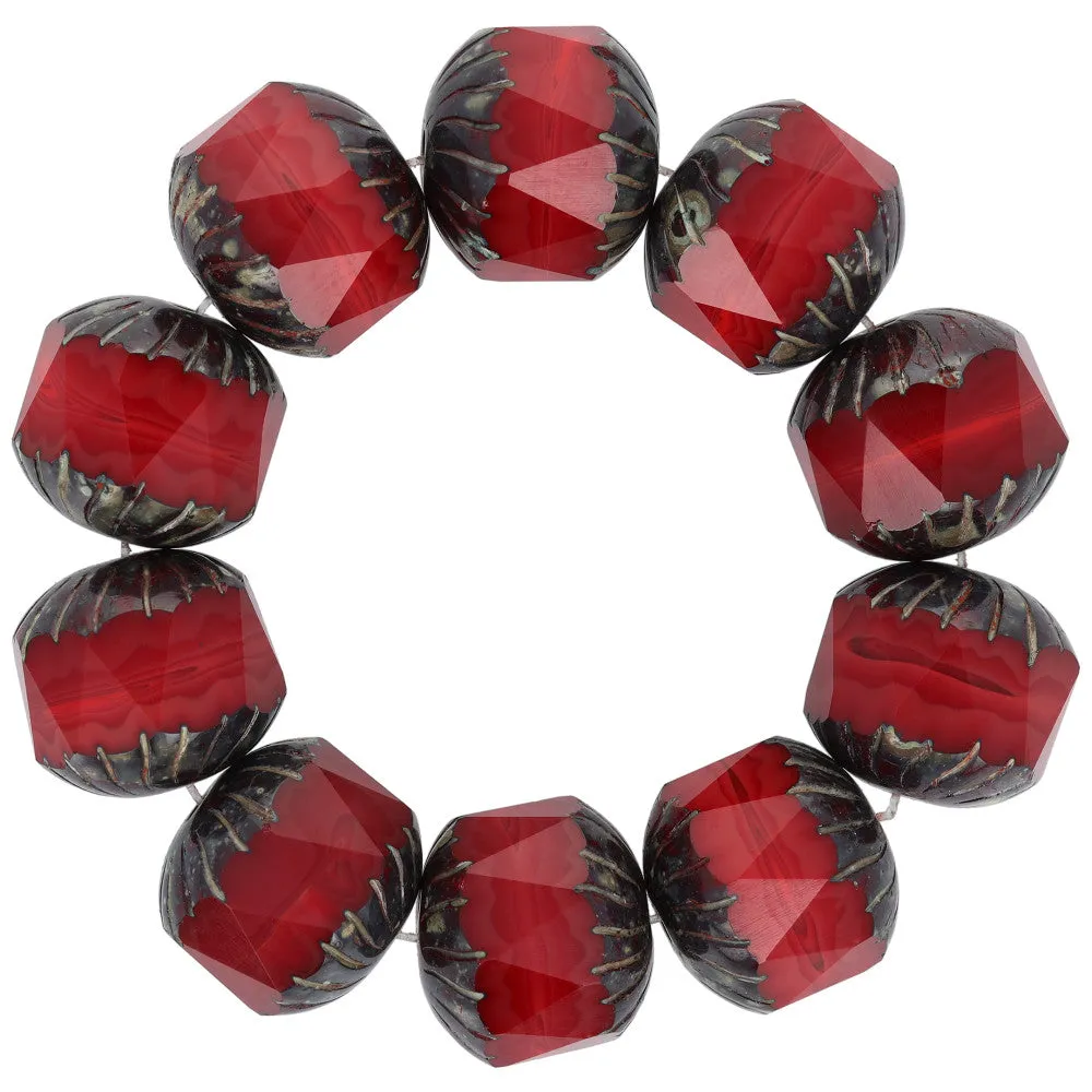 Czech Glass 10 x 10mm Red Opaline with Picasso Finish Center Facected Cruller Bead Strand by Raven's Journey