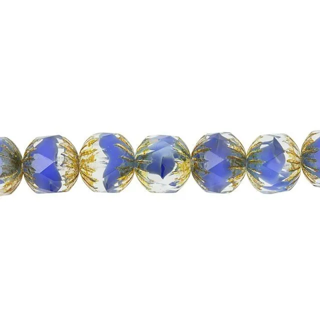 Czech Glass 11 x 10mm Royal Blue Silk and Crystal Mix with Picasso Finish Center Faceted Round Bead Strand by Raven's Journey