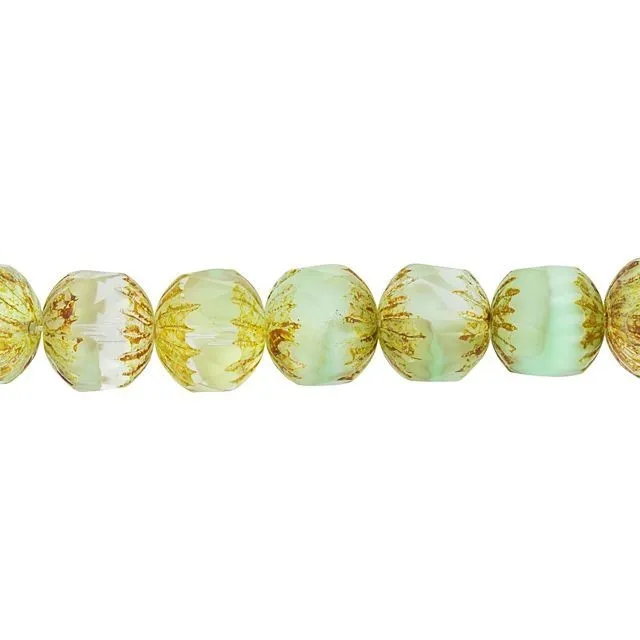 Czech Glass 11 x 10mm Seafoam Green Silk and Crystal with Picasso Finish Center Faceted Round Bead Strand by Raven's Journey