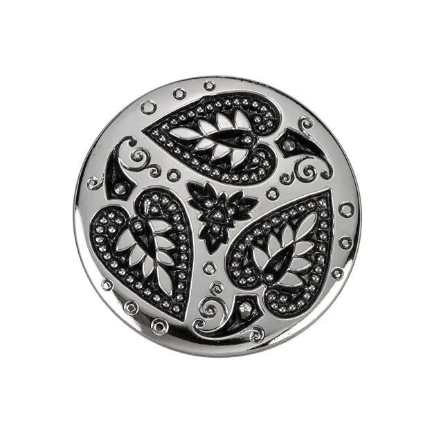 Czech Glass 32mm Round Triple Heart Leaf Jet with Platinum Paint Button by Raven's Journey