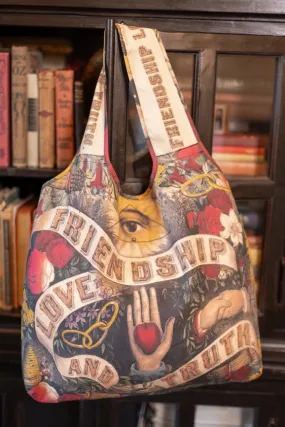 Friendship Love & Truth Vintage Heart Print Linen Tote Bag