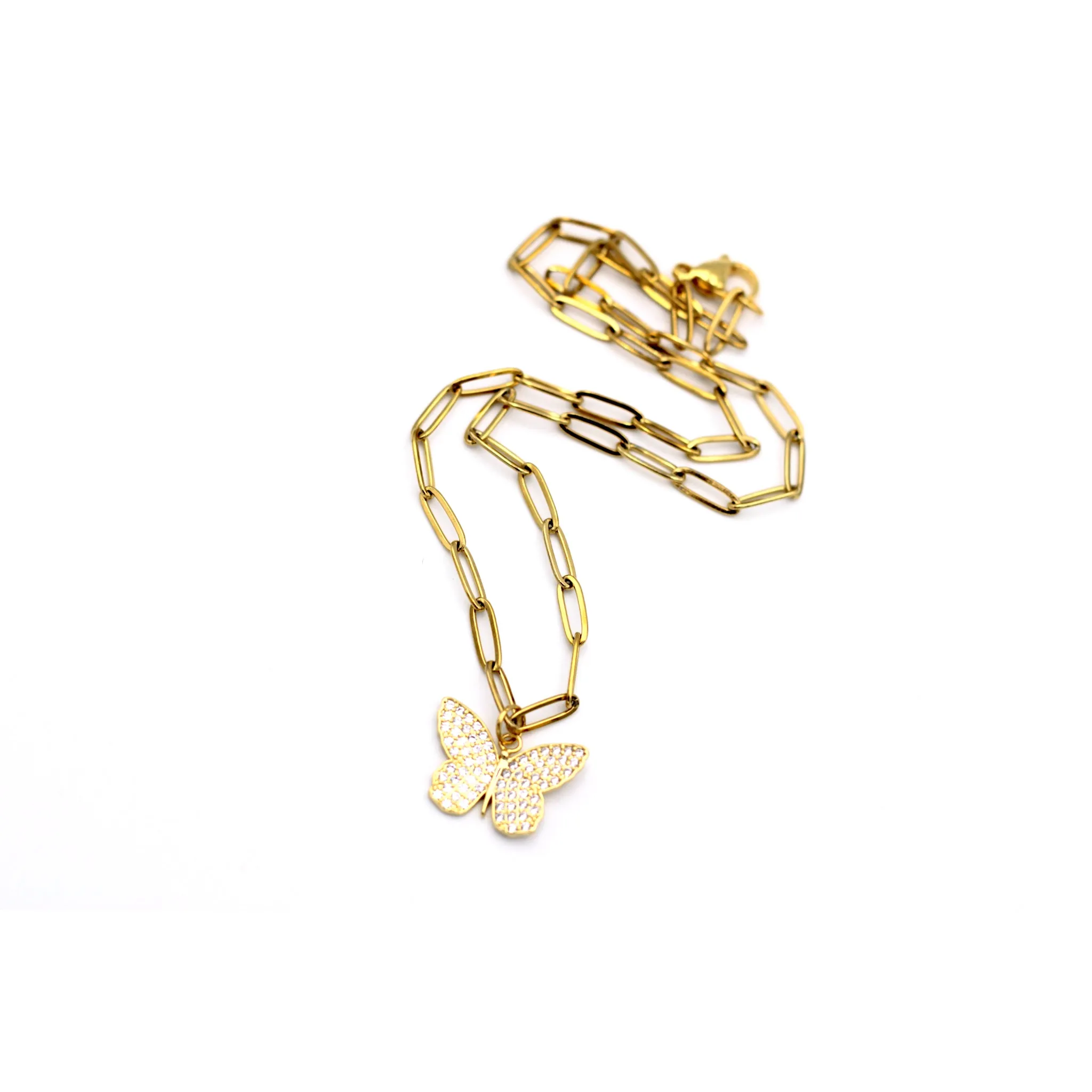 Gold Rhinestone Butterfly Necklace