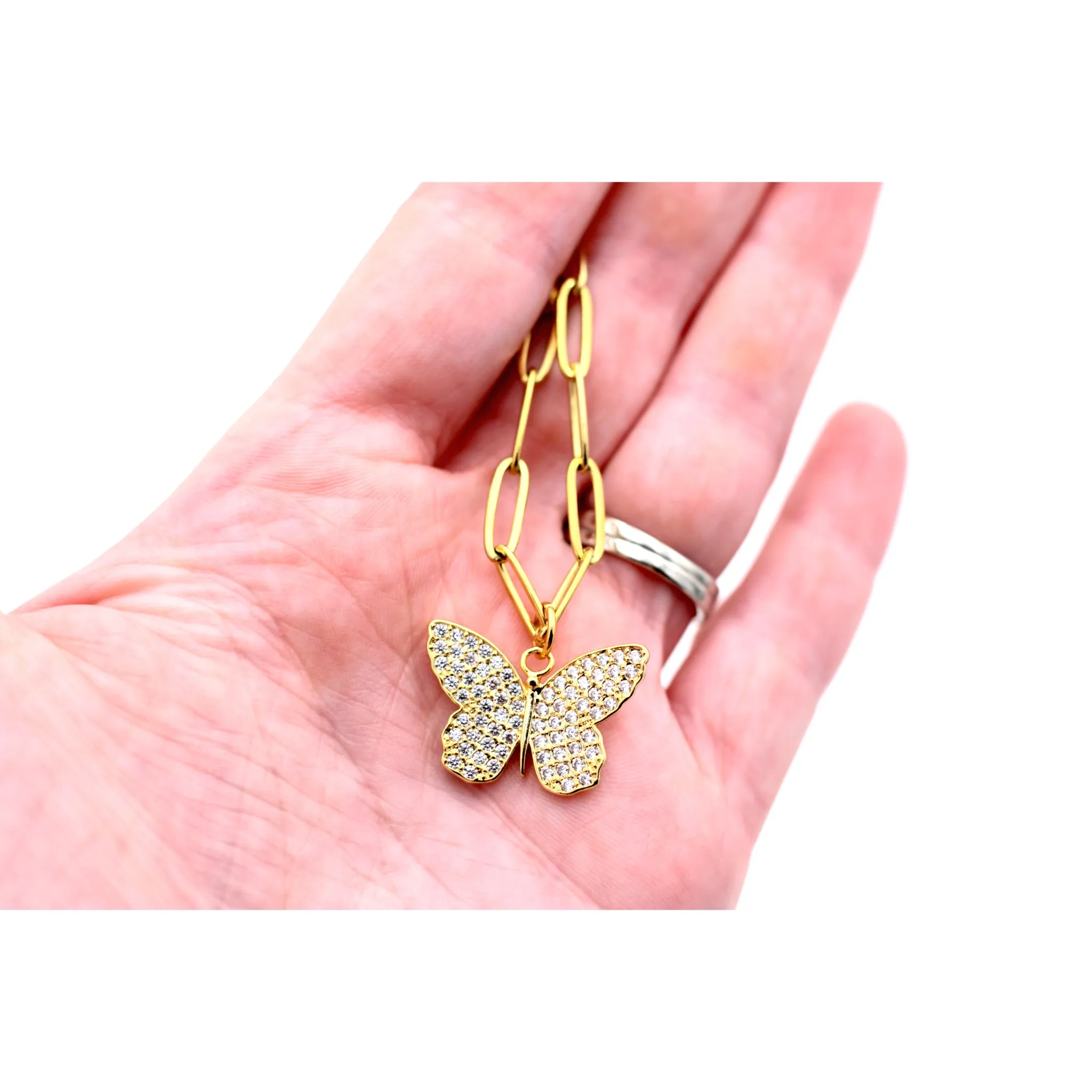 Gold Rhinestone Butterfly Necklace