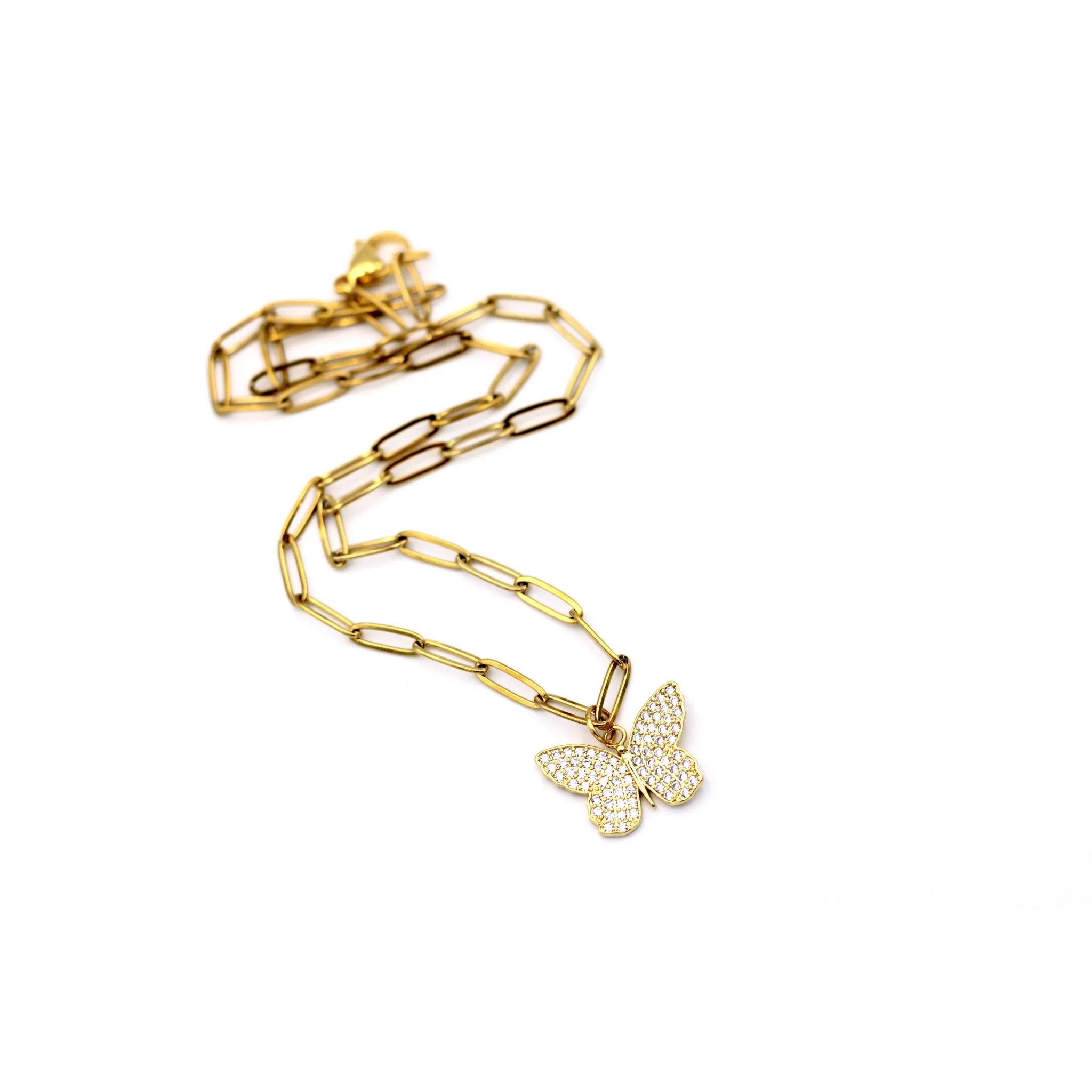 Gold Rhinestone Butterfly Necklace
