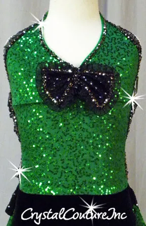 Green Zsa Zsa Sequin and Black Velour Leotard/Ruffle Half Skirt - Swarovski Rhinestones