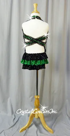 Green Zsa Zsa Sequin and Black Velour Leotard/Ruffle Half Skirt - Swarovski Rhinestones