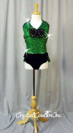 Green Zsa Zsa Sequin and Black Velour Leotard/Ruffle Half Skirt - Swarovski Rhinestones