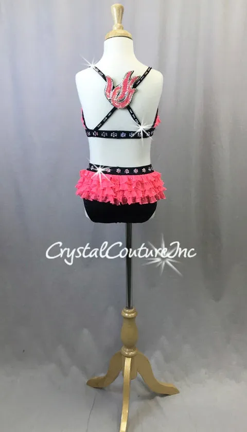 Hot Pink and Black and Pink 2pc with Ruffles - Swarovski Rhinestones