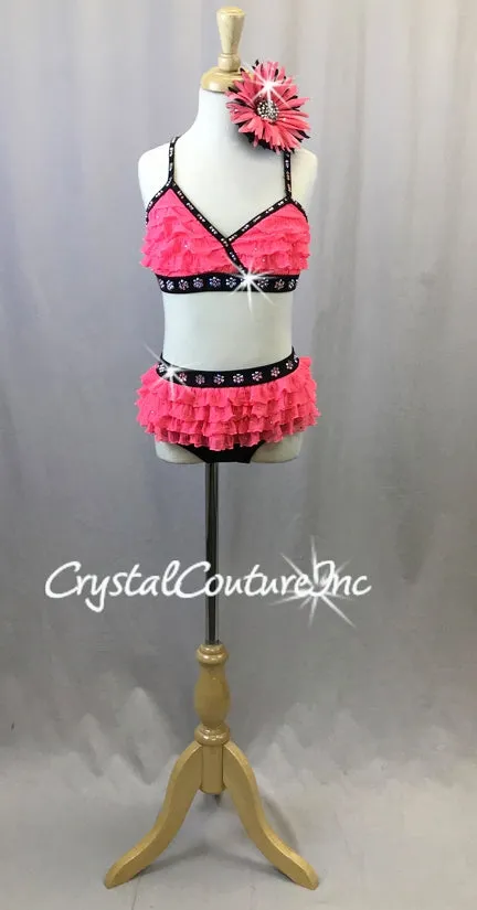 Hot Pink and Black and Pink 2pc with Ruffles - Swarovski Rhinestones
