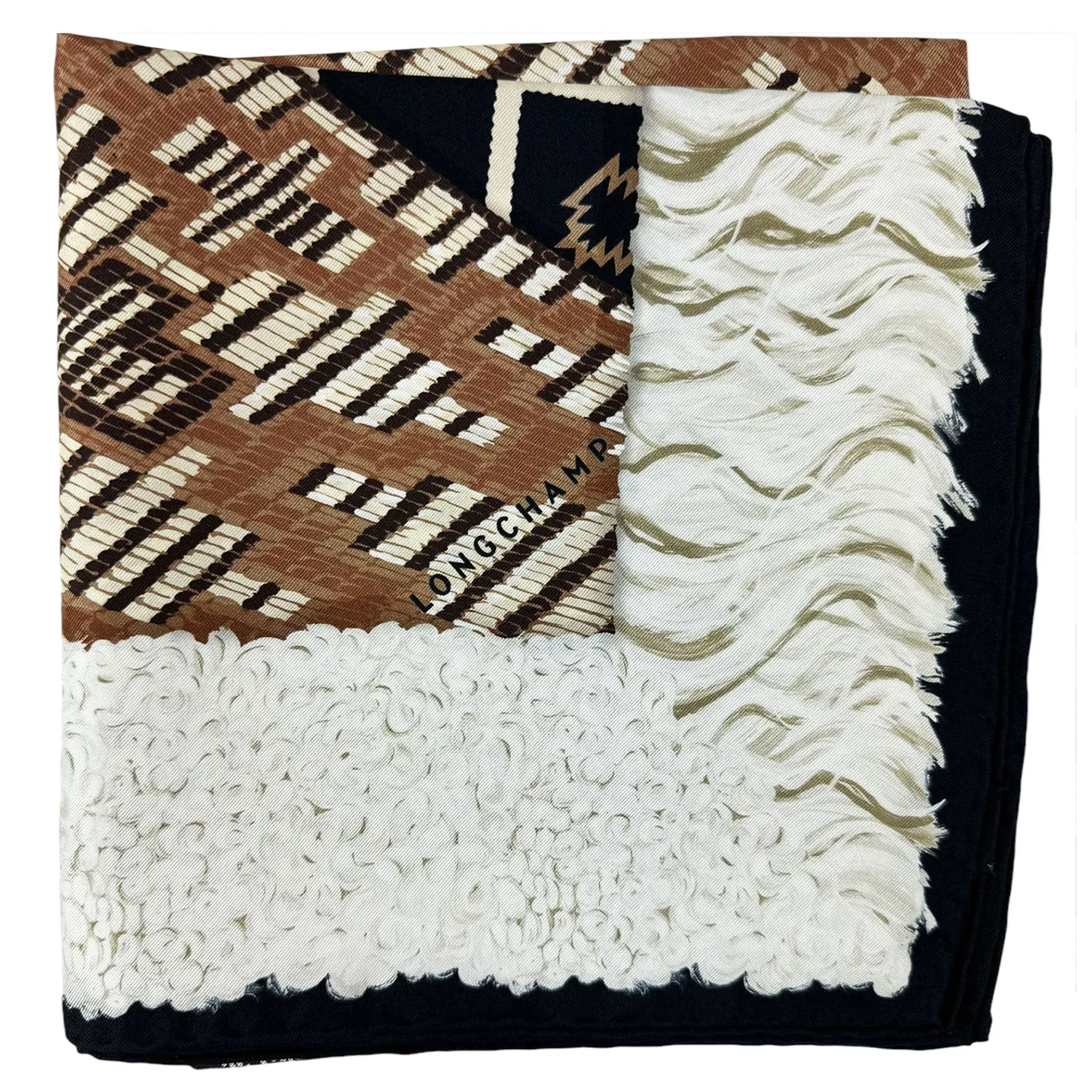 Longchamp Silk Scarf Black White Brown Multi Design - Square Foulard