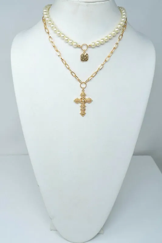 Maury Gold Two Strand with Pearl and Cross Pendant Necklace