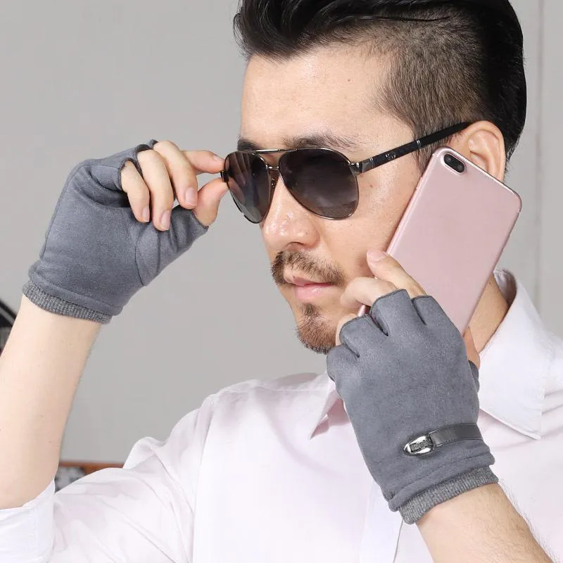 Men's Winter Warm Suede Fingerless Gloves