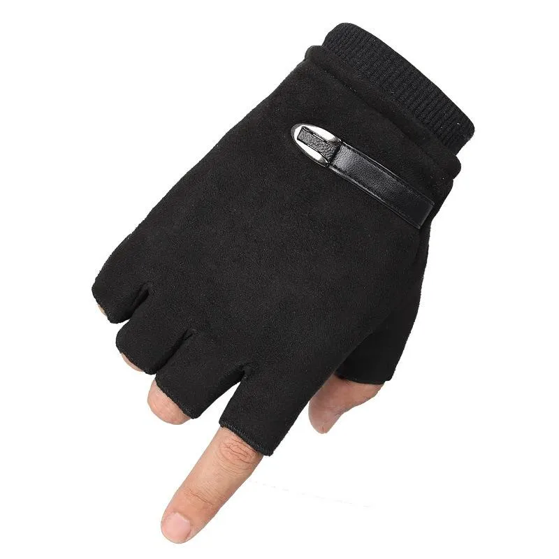 Men's Winter Warm Suede Fingerless Gloves
