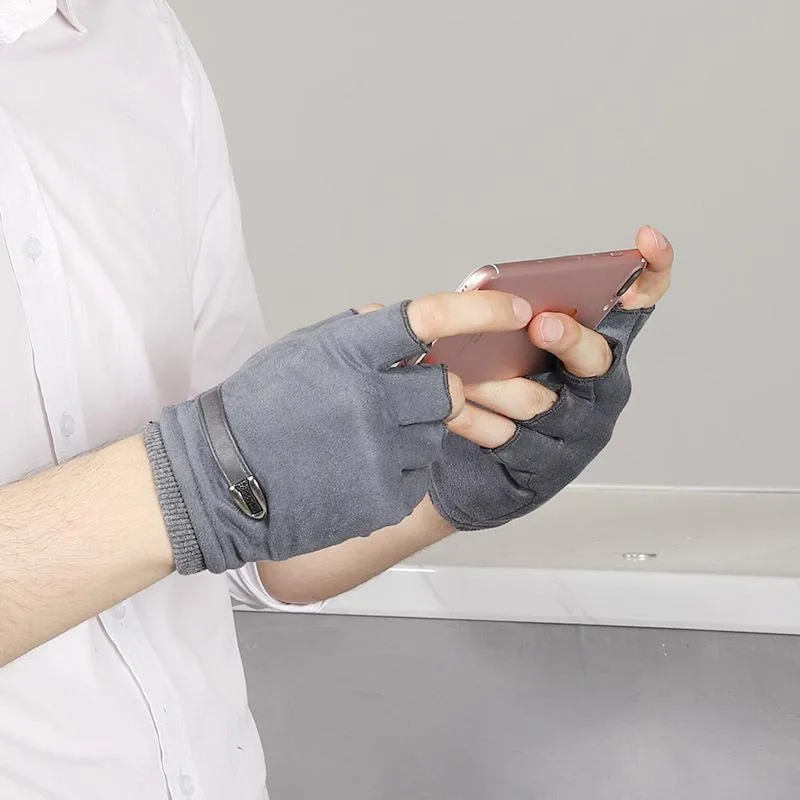 Men's Winter Warm Suede Fingerless Gloves