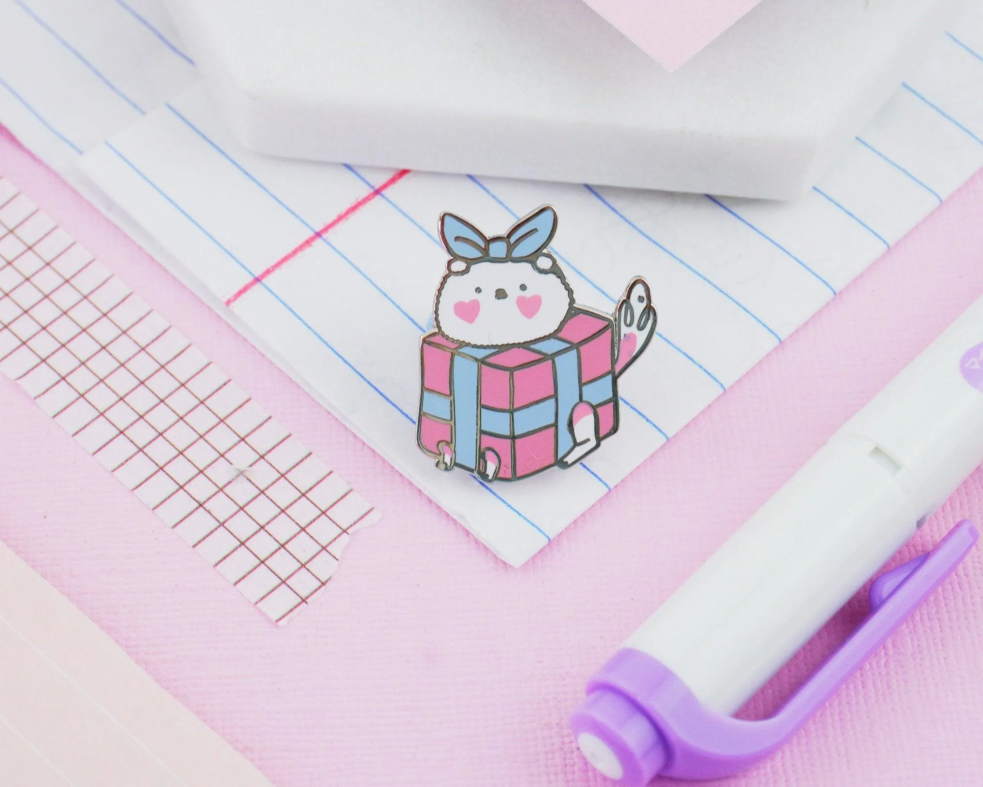 Puddin' the Dog Gift Box Enamel Pin | Cute Kawaii Pastel Collectible | Adorable Christmas Badge