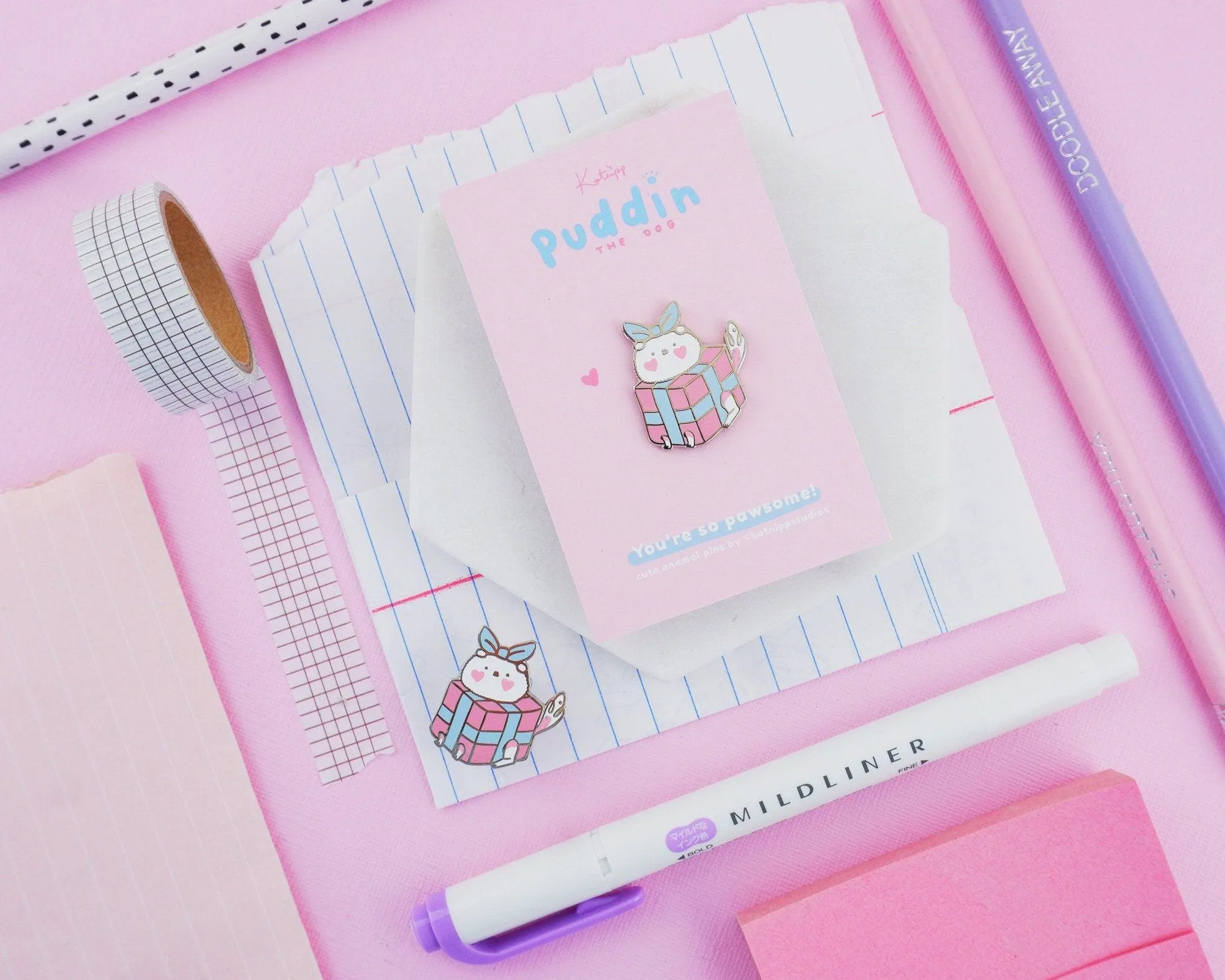 Puddin' the Dog Gift Box Enamel Pin | Cute Kawaii Pastel Collectible | Adorable Christmas Badge