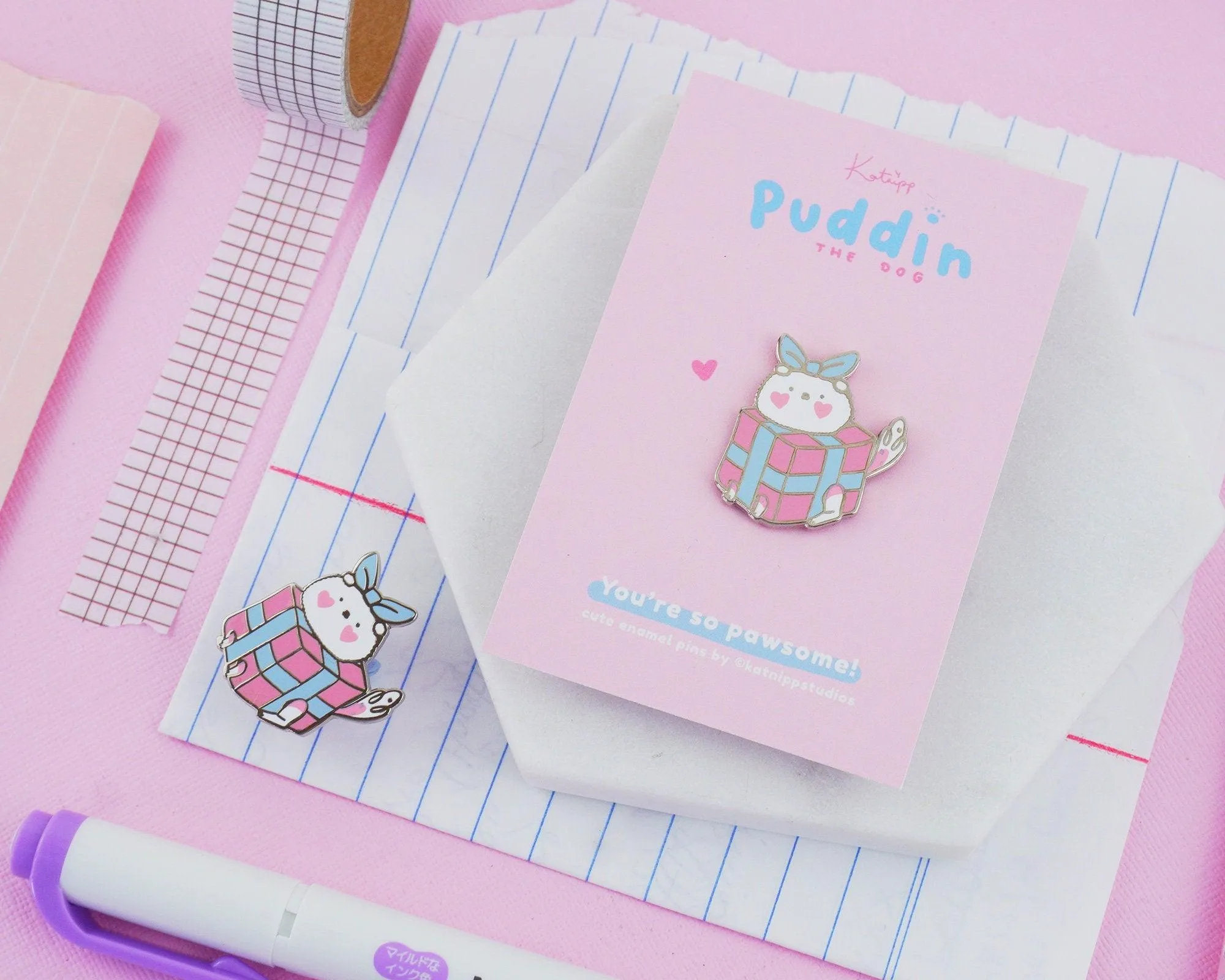Puddin' the Dog Gift Box Enamel Pin | Cute Kawaii Pastel Collectible | Adorable Christmas Badge