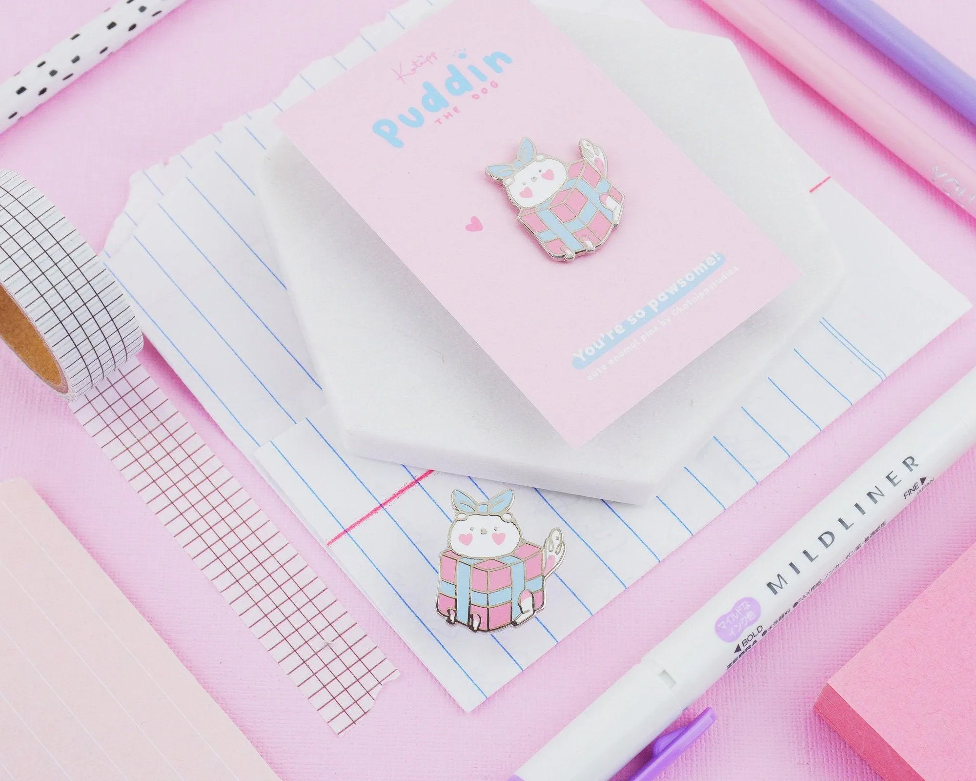Puddin' the Dog Gift Box Enamel Pin | Cute Kawaii Pastel Collectible | Adorable Christmas Badge