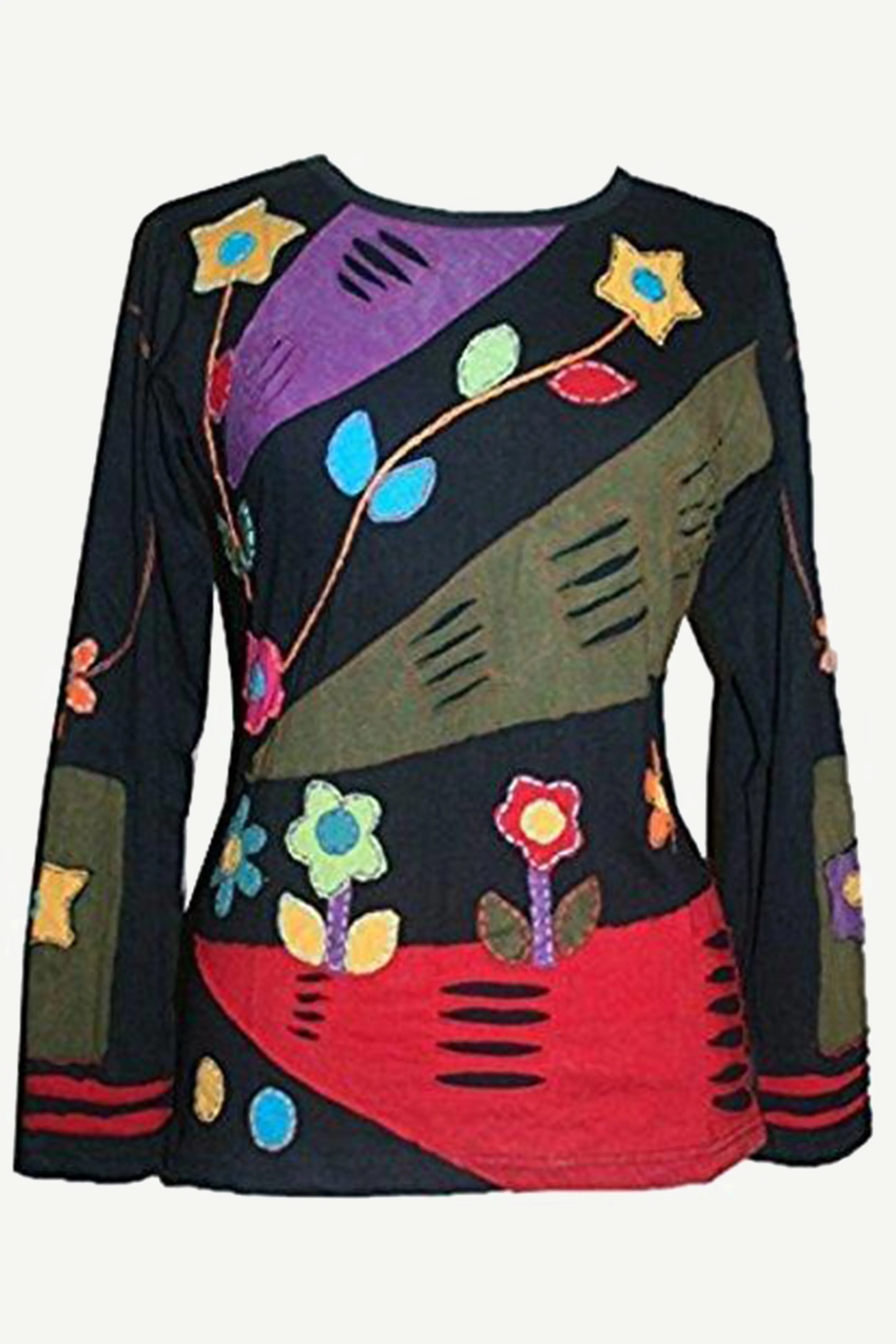 R 252 Knit Cotton Funky Patch Retro Blouse