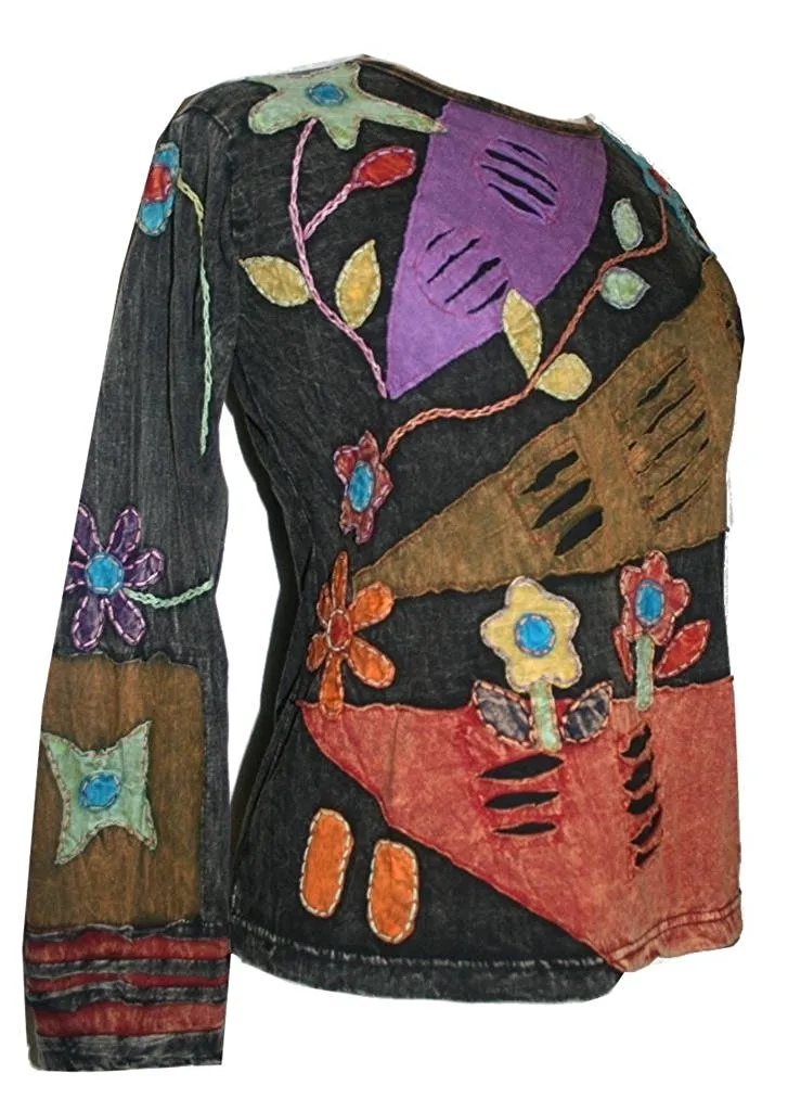 R 252 Knit Cotton Funky Patch Retro Blouse