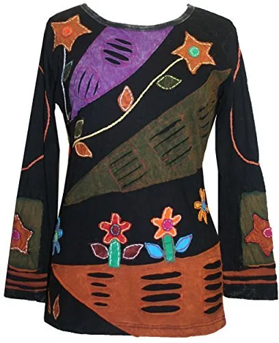 R 252 Knit Cotton Funky Patch Retro Blouse