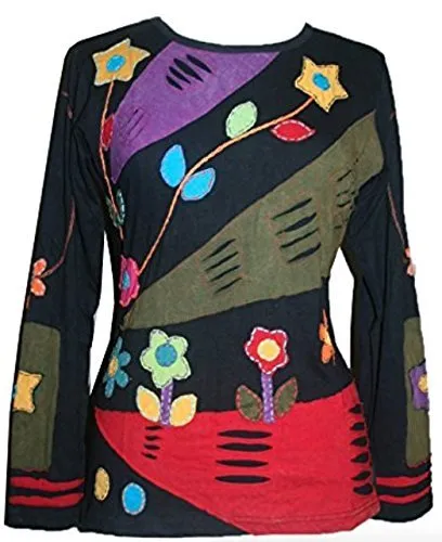 R 252 Knit Cotton Funky Patch Retro Blouse