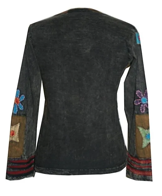 R 252 Knit Cotton Funky Patch Retro Blouse