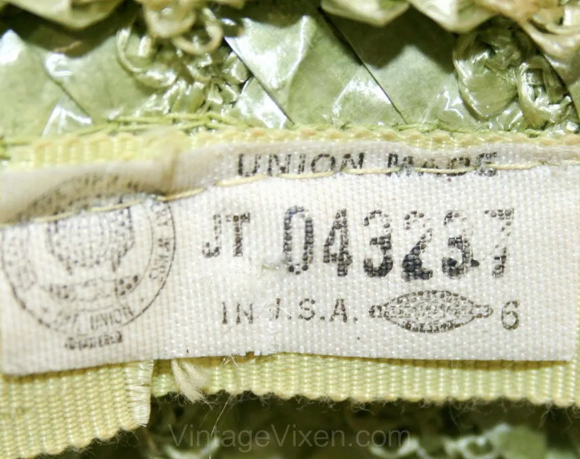 Wide Brim Hat - Tender Spring Green - 1960s - Ribbon - Straw 41427-1
