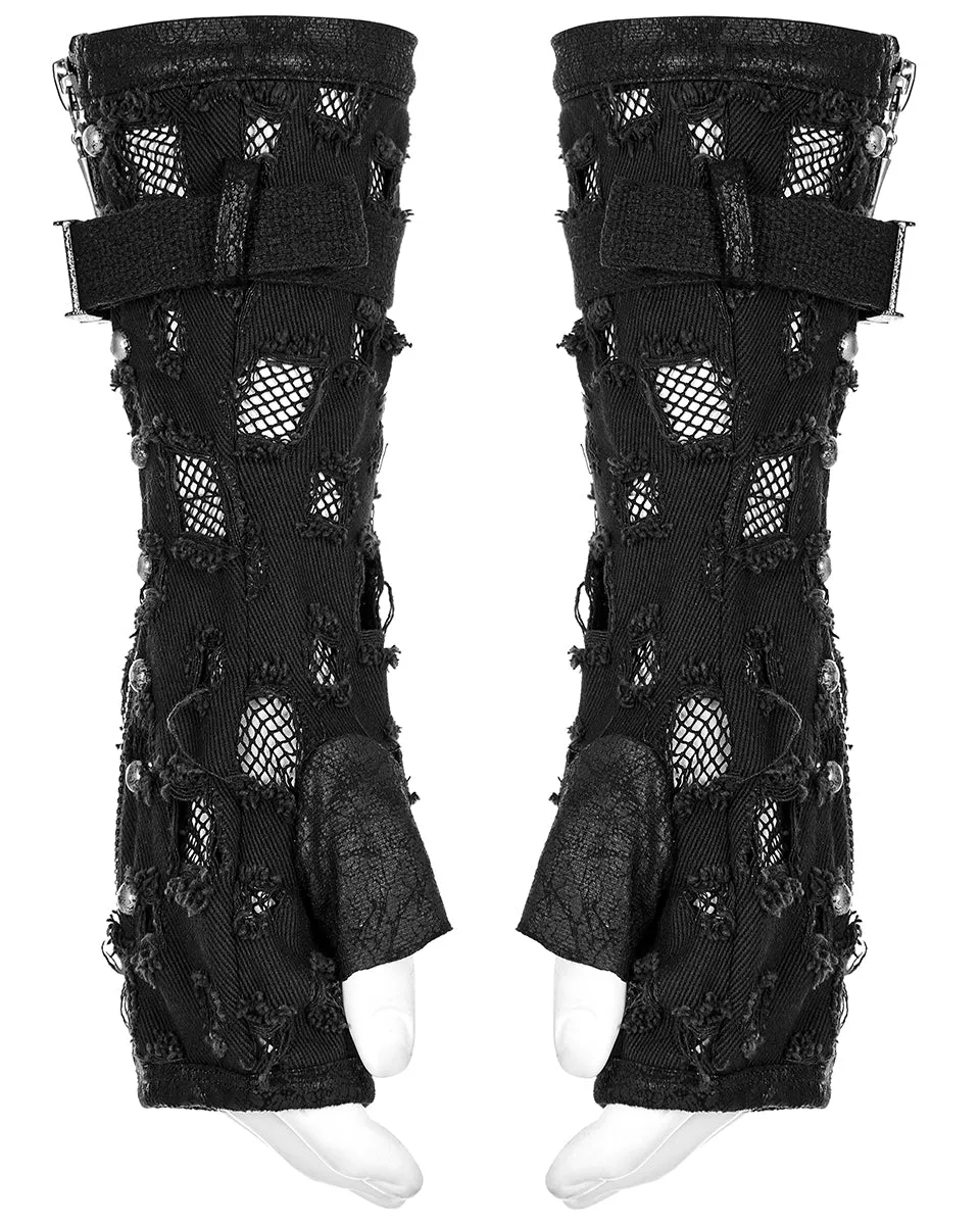 WS-521 Mens Apocalyptic Punk Shredded Denim & Mesh Studded Fingerless Gloves