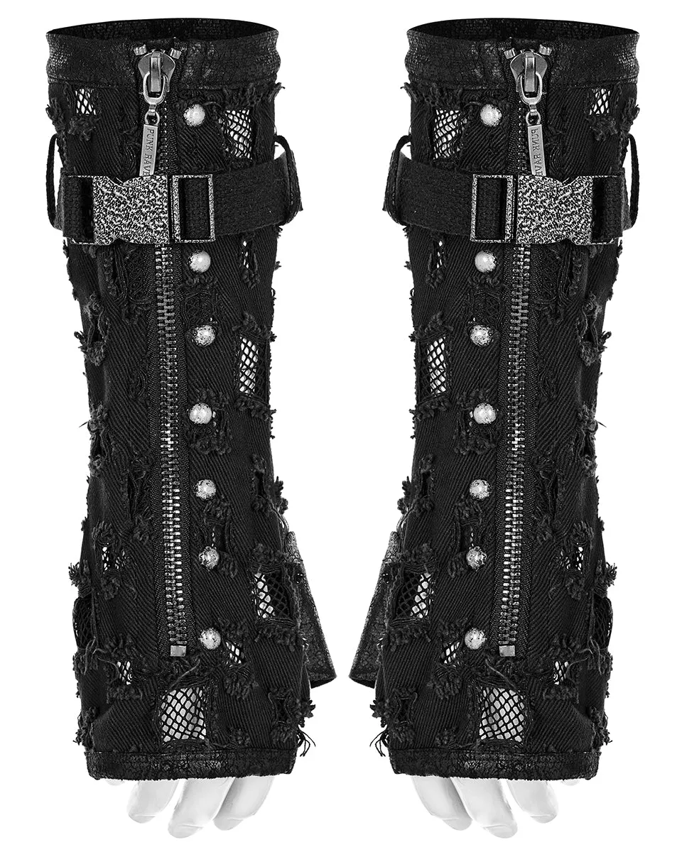 WS-521 Mens Apocalyptic Punk Shredded Denim & Mesh Studded Fingerless Gloves