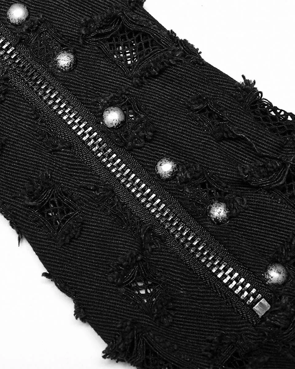WS-521 Mens Apocalyptic Punk Shredded Denim & Mesh Studded Fingerless Gloves