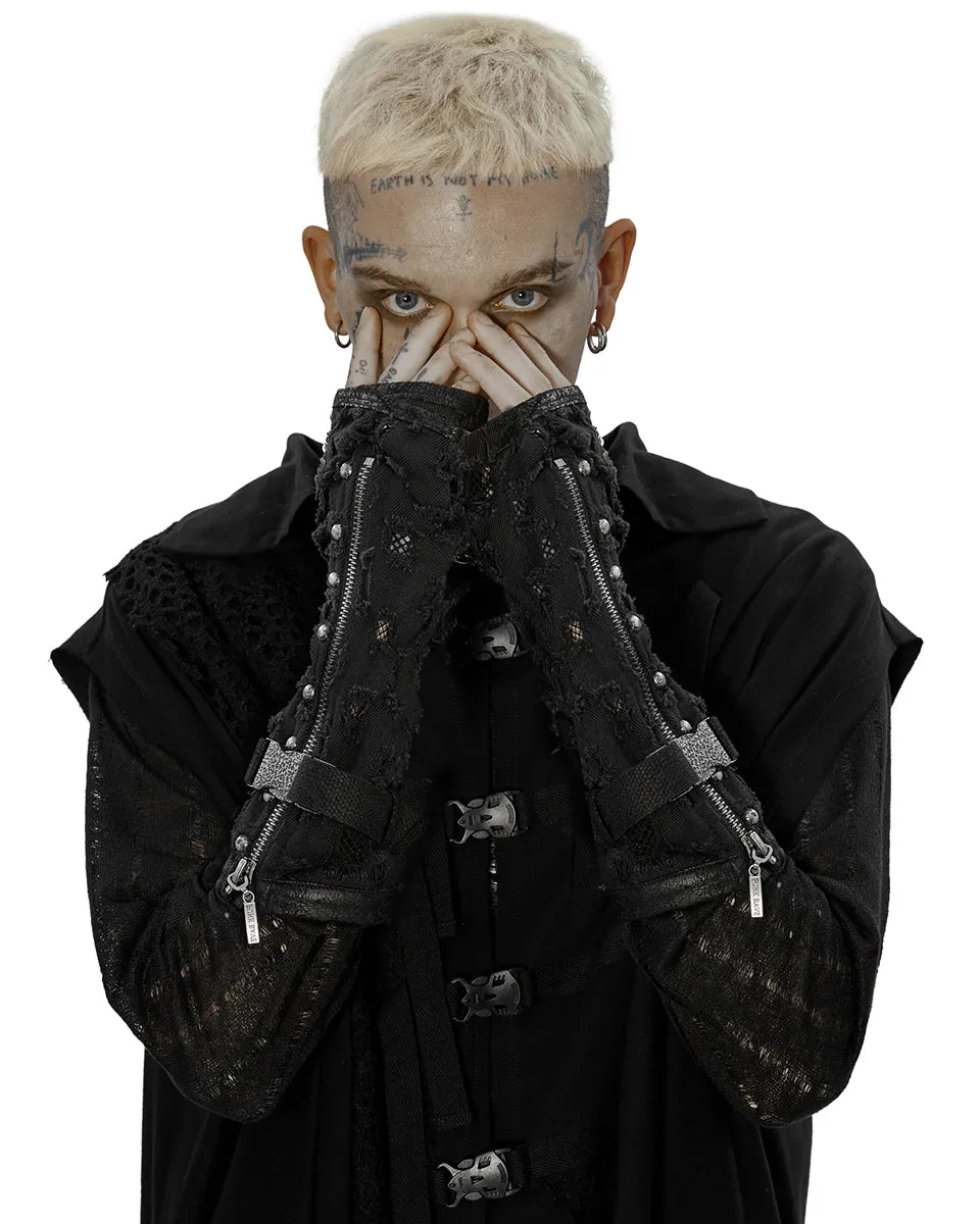 WS-521 Mens Apocalyptic Punk Shredded Denim & Mesh Studded Fingerless Gloves